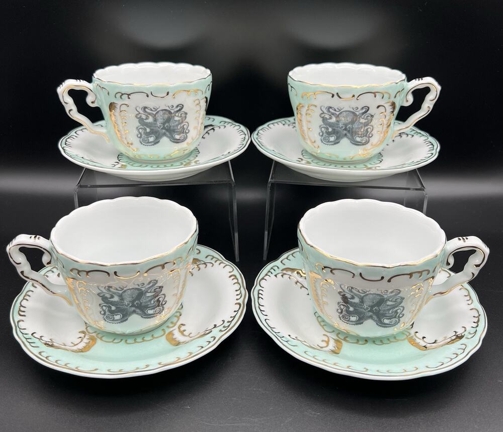Angioletti Designs Vegan Bone China Mint Green Teacup & Saucer w Black Octopus